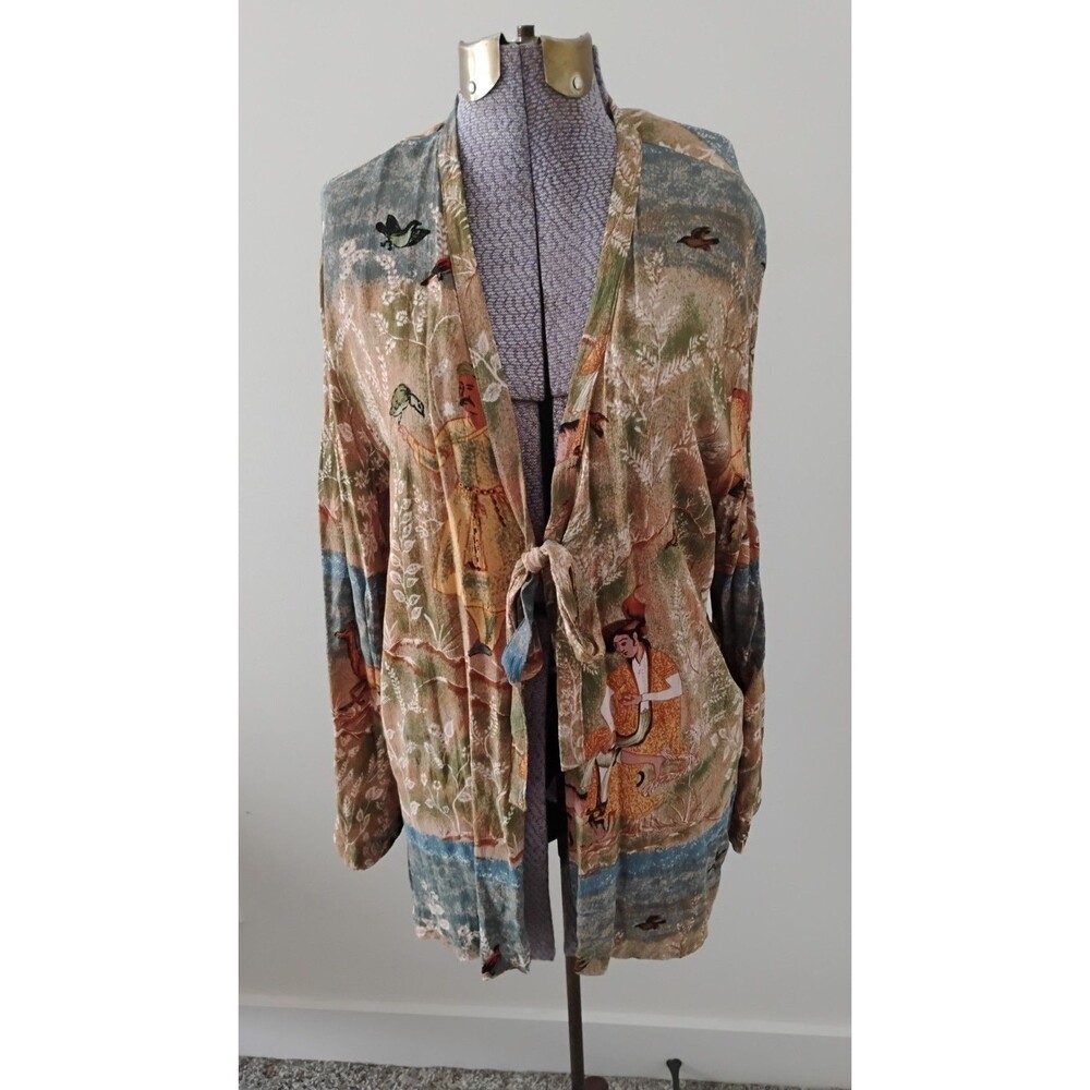 CITRON Santa Monica Kimono Jacket Open Floral Asian Art to Wear Lagenlook Sz S